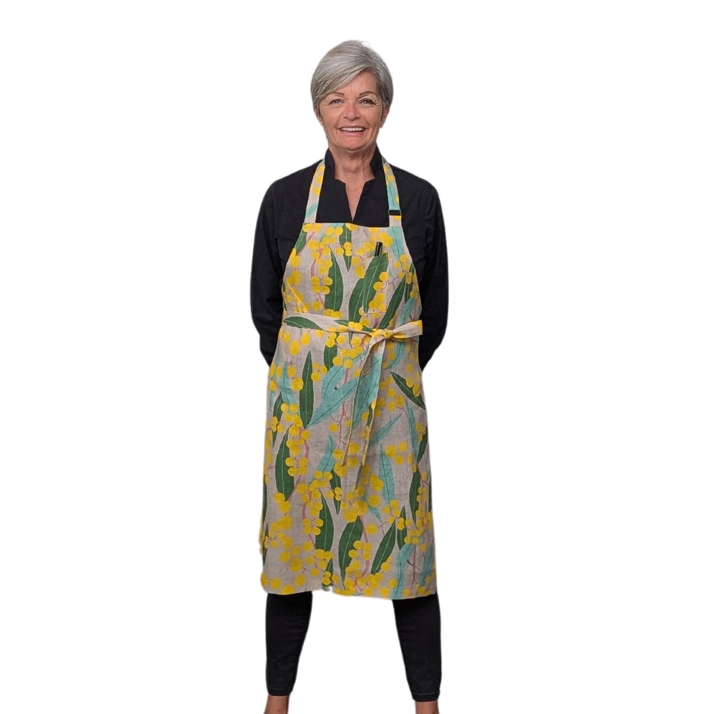 Apron Magic. Wattle Flower print Linen.