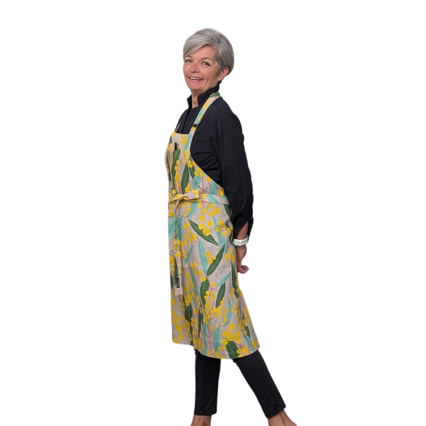 Apron Magic. Wattle Flower print Linen.
