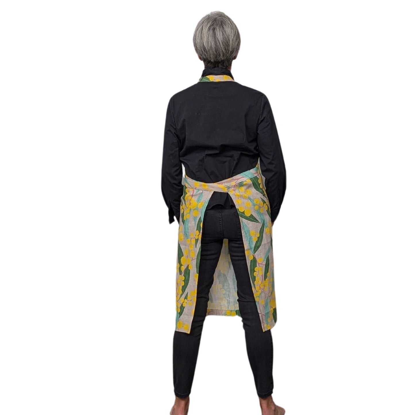Apron Magic. Wattle Flower print Linen.