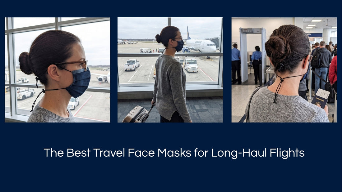 Woman wearing organic cotton face mask with head straps in an airport.