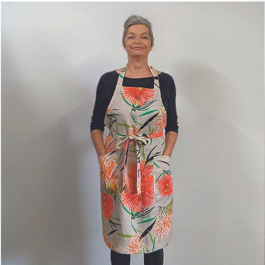 Apron Kitchen Bliss - Grevillea Print. 100% Pure Linen