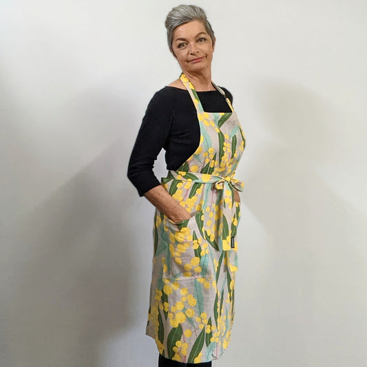 Apron Kitchen Bliss - Wattle Print, made from 100% Linen